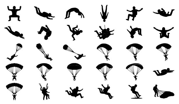 Skydiving Parachute Black Silhouette Icon and Vector Illustration Set