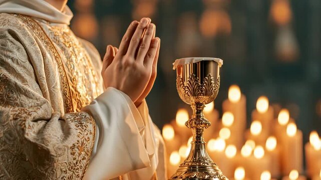 Priest's Hands Beside Covered Chalice During Liturgy
