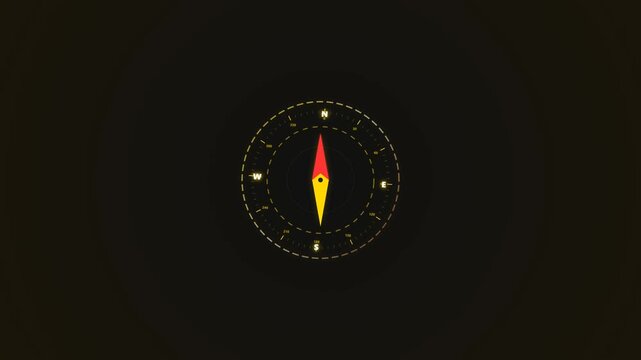 Illuminated compass rose with a red and yellow needle centered on a black background, featuring gold circular markings and a minimalist flat design style for navigation themes.