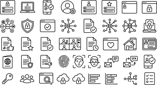 Data privacy and cybersecurity thin line art icons set featuring user authentication biometric scanning network security system symbols