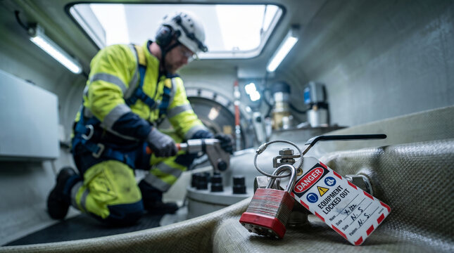Wind turbine technician performing maintenance inside a nacelle with a lockout tagout safety device