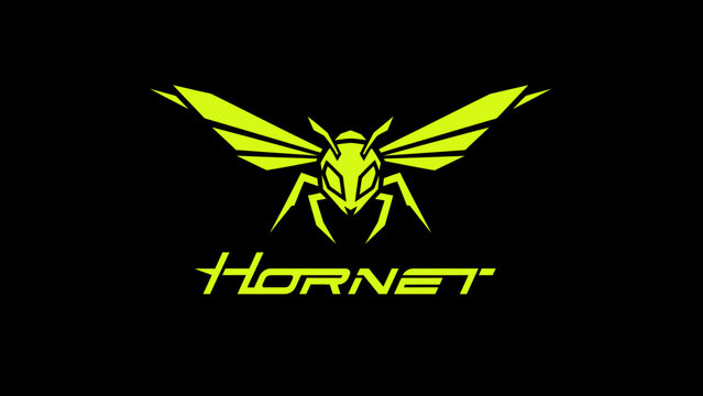 Stylized neon green hornet insect logo with text on a black background.
