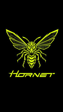 A striking neon yellow hornet graphic with the word "HORNET" below it, set against a black background.