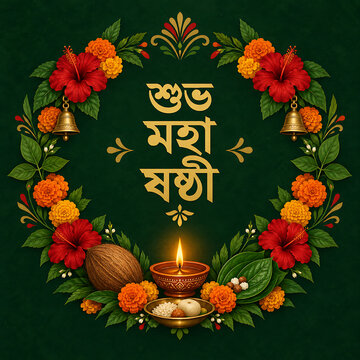 Beautiful floral wreath with glowing oil lamp and coconut for maha shashthi celebration of durga puja and navratri festival on green background