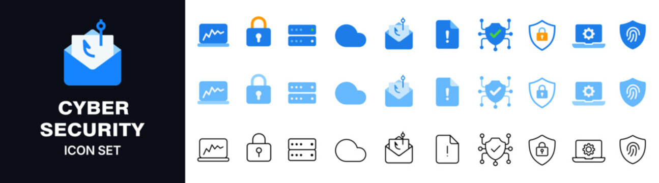 Cybersecurity Icon Set with Phishing Email, Padlock, Server, Cloud Security, Malware Protection, Shield, Fingerprint, Settings and Data Protection Symbols in Blue Vector Style