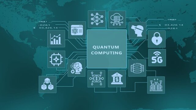 Quantum Computing concept with advanced processing, digital security, research and futuristic technology networks.