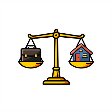 Balanced scale with briefcase and house representing work home priorities and business decisions for adobe illustrator, coreldraw , affinity etc.
