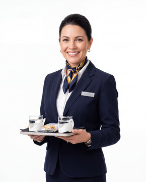 Professional American flight attendant representing passenger service, hospitality, aviation, travel, safety and customer care.