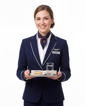 Professional American flight attendant representing passenger service, hospitality, aviation, travel, safety and customer care.