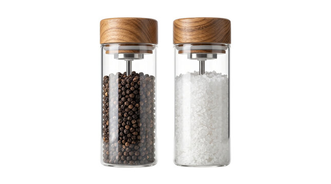 Modern glass salt and pepper grinders with wooden lids, elegant spice mill set for kitchen dining, clear glass seasoning shakers on white background