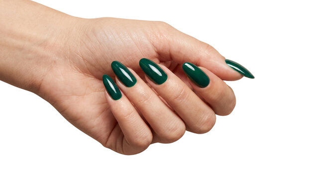 Dark green manicure on long almond shaped nails, female hand with emerald gel polish, professional nail art and salon beauty concept on white background