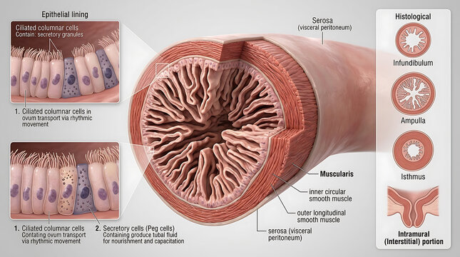 3D Photorealistic Complete Human Fallopian Tube Histology Anatomy with Ciliated Cells and Muscular Layers