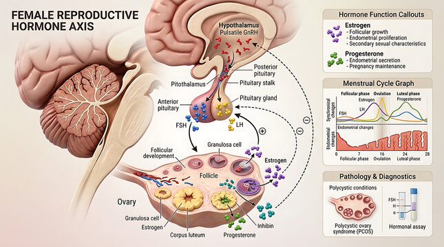 3D Photorealistic Complete Human Female Reproductive Hormone Anatomy with GnRH FSH LH Estrogen and Progesterone