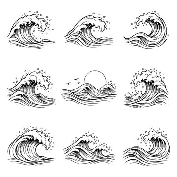 Vintage Ocean Waves Set Hand Drawn Nautical Vector Illustration