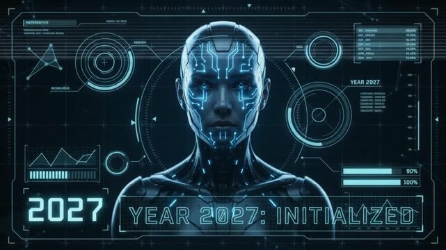 Futuristic AI Cyborg Face with Glowing Blue HUD Interface and Year 2027 Initialized Hologram   