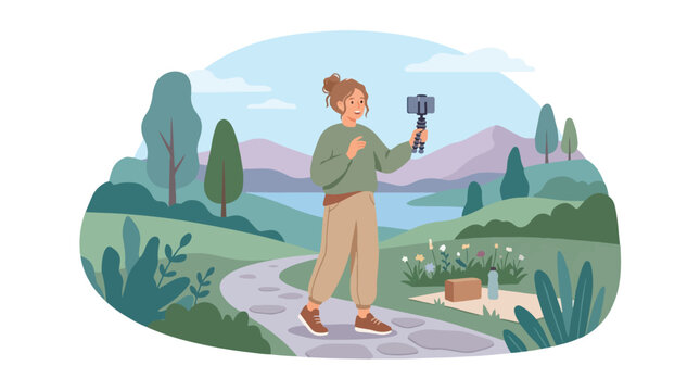 Young woman travel blogger recording vlog with smartphone flat vector illustration for social media content creation concept on nature background