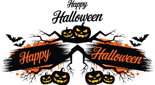 Happy halloween with jack-o'-lantern pumpkins, flying bats, bare tree branches, and orange ink splatter background