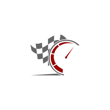A dynamic vector logo concept combining a racing checkered flag and a speedometer gauge. The design features a gray and red color palette on a clean white background, symbolizing speed, racing, motors