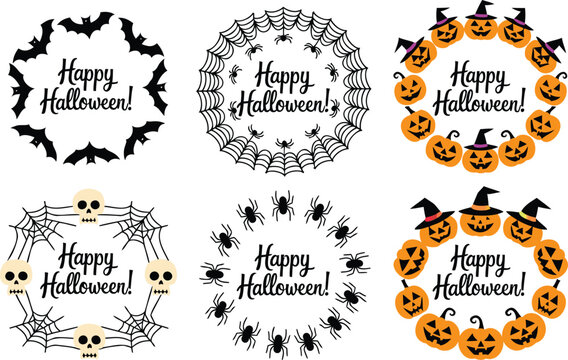 Set of six circular halloween frames with happy halloween text, featuring bats, spider webs, spiders, skulls, and jack-o'-lanterns in witch hats