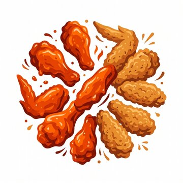 Assorted buffalo and breaded crispy fried chicken wings circular food illustration
