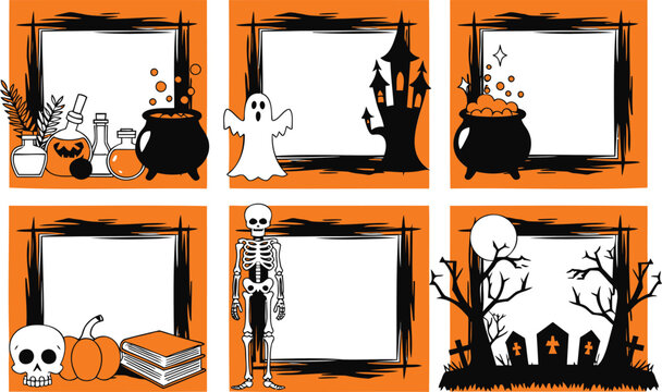 Set of six halloween square frames with spooky icons, including ghosts, skeletons, haunted castles, cauldrons, pumpkins, and graveyards