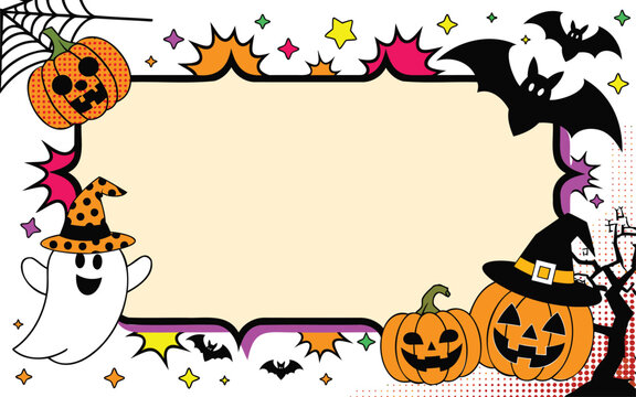 Halloween comic style frame with jack-o'-lanterns, ghost, bats, and spider web, featuring pop halftone patterns and colorful star accents