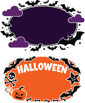 Halloween oval frames with bats, purple clouds, skull, crossbones, spider web, and jack-o'-lantern pumpkin on orange and dark purple backgrounds
