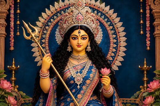 Stunning blue sari draped divine mother holding sacred trident and pink lotus honoring maha shashthi traditions during holy durga puja and navratri