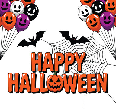 Happy halloween text with orange pumpkin, black bats, spider web, and clusters of colorful balloons with smiling faces