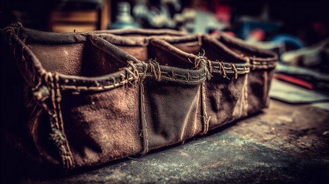 Rustic Leather Tool Organizer with Multiple Compartments on Workbench
