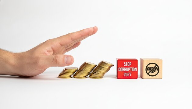 Financial corruption is prevented by a hand stopping falling gold coins alongside blocks labeled with stop corruption and prohibited handshake.