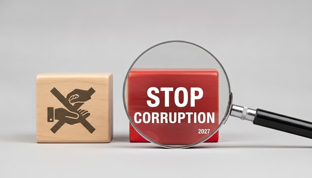 Careful examination of business practices is shown by a magnifying glass over a block demanding we stop corruption by twenty twenty-seven.