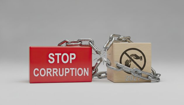 Breaking the chains of illegal practice is symbolized by red and wooden blocks depicting a stop corruption message and a forbidden money icon.