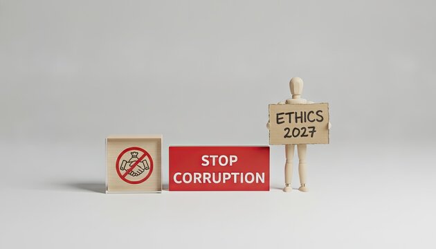 Wooden mannequin figure holding an ethics sign next to stop corruption blocks in a clean and minimalist office environment for 2027.