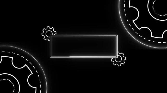 glowing neon gear outlines and central rectangle frame with spinning cog elements on black background for technology and industrial concepts.