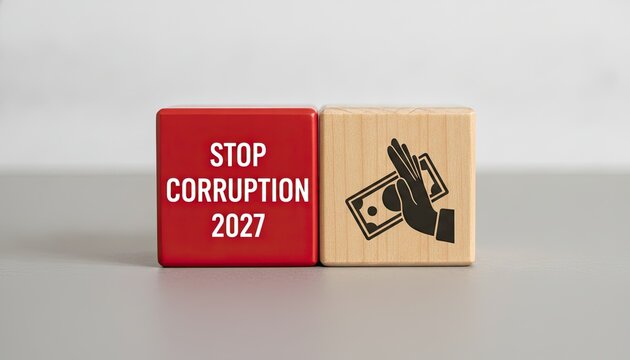 Red and wooden blocks displaying stop corruption and a money prohibition symbol on a grey office desk for corporate integrity policies.