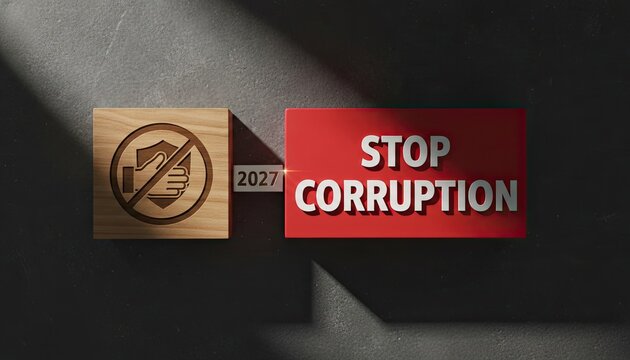Conceptual wooden block with a handshake prohibition icon and a red stop corruption sign on a textured grey background with 2027 text.