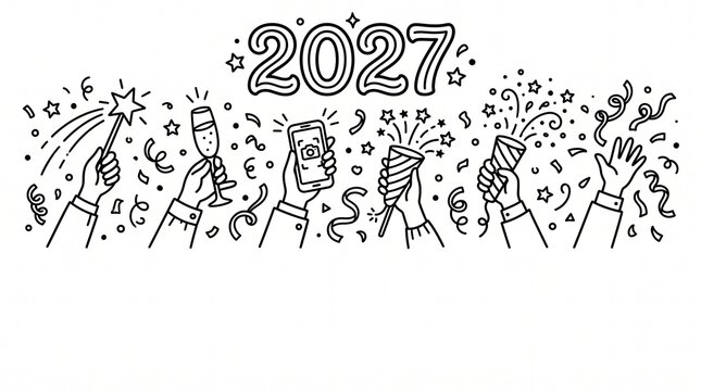 Hand drawn party crowd line art border with confetti, streamers and celebration icons on white, festive doodle background for New Year banner and copy space