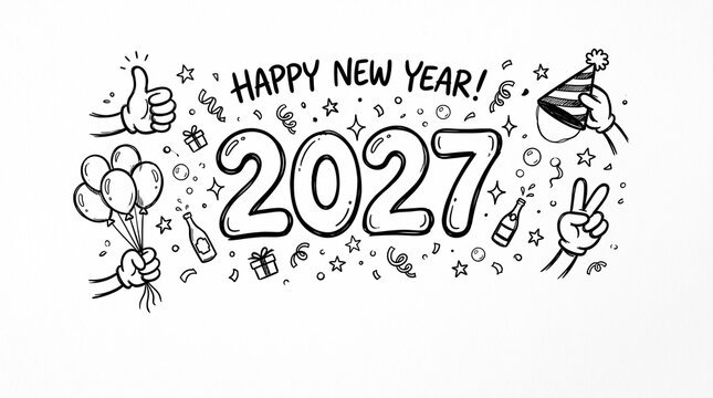  Happy New Year 2027 hand drawn doodle background with party icons, confetti and streamers on white, celebration line art template for greeting card banner copy space