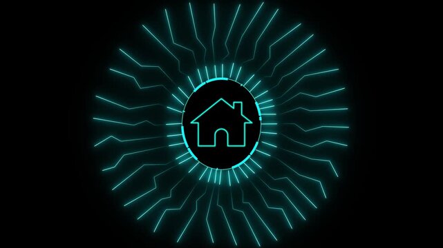Digital home icon animation featuring glowing blue lines moving within circular circuit pattern design isolated on black background for smart technology and real estate concept.