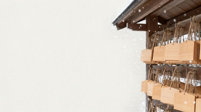 Wooden votive wish plaques ema hanging on rack under shrine roof with falling snow copy space