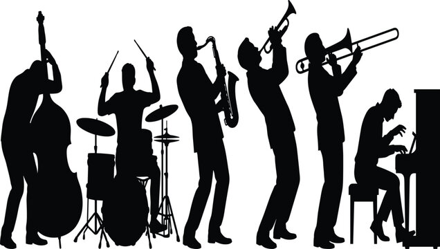 Jazz band and musicians vector silhouettes set featuring double bass, drums, saxophone, trumpet, trombone, and piano   Jazz band and musicians vector silhouettes 