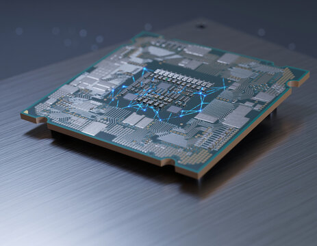 Computer processor chip with glowing network connections system