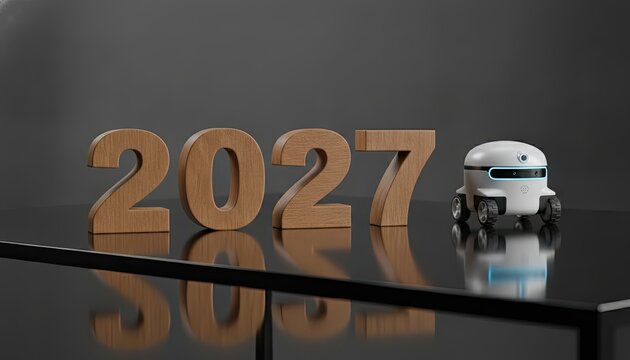 Wooden letters spelling 2027 stand on a black table beside a small white robot to represent technological advancement and the near future.