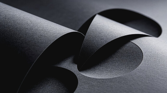 Close-up of curved dark paper layers, overlapping with sharp edges and subtle shadows, minimalist monochrome composition.