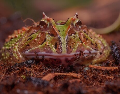 A closeup of a vibrant Pacman frog resting in dark coarse soil highlighting its distinct hornlike eye ridges