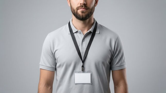 Person wearing a grey polo shirt with a blank id badge on a black lanyard for corporate events or security access.