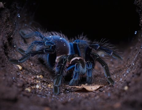 A cobalt blue tarantula emerging from a dark moist earthen burrow