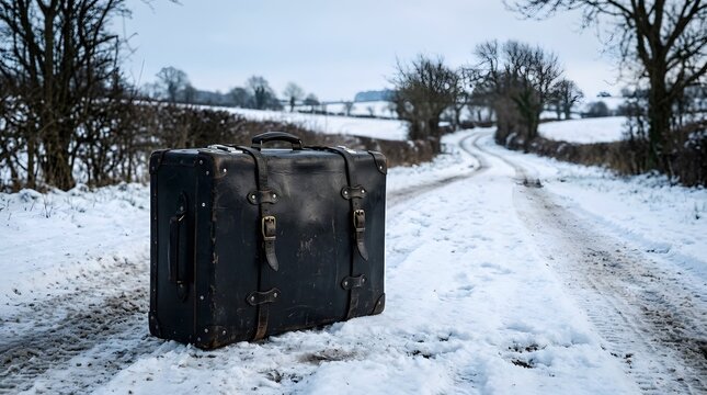 Vintage black suitcase on a snowy country road in winter