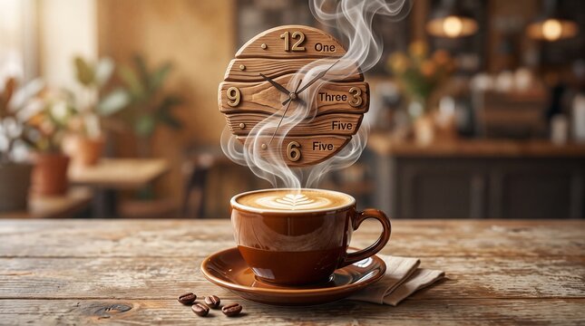 Time for Coffee: A steaming cup of hot coffee sits on a wooden table, with a clock made of wood that shows coffee time and emanates steam.